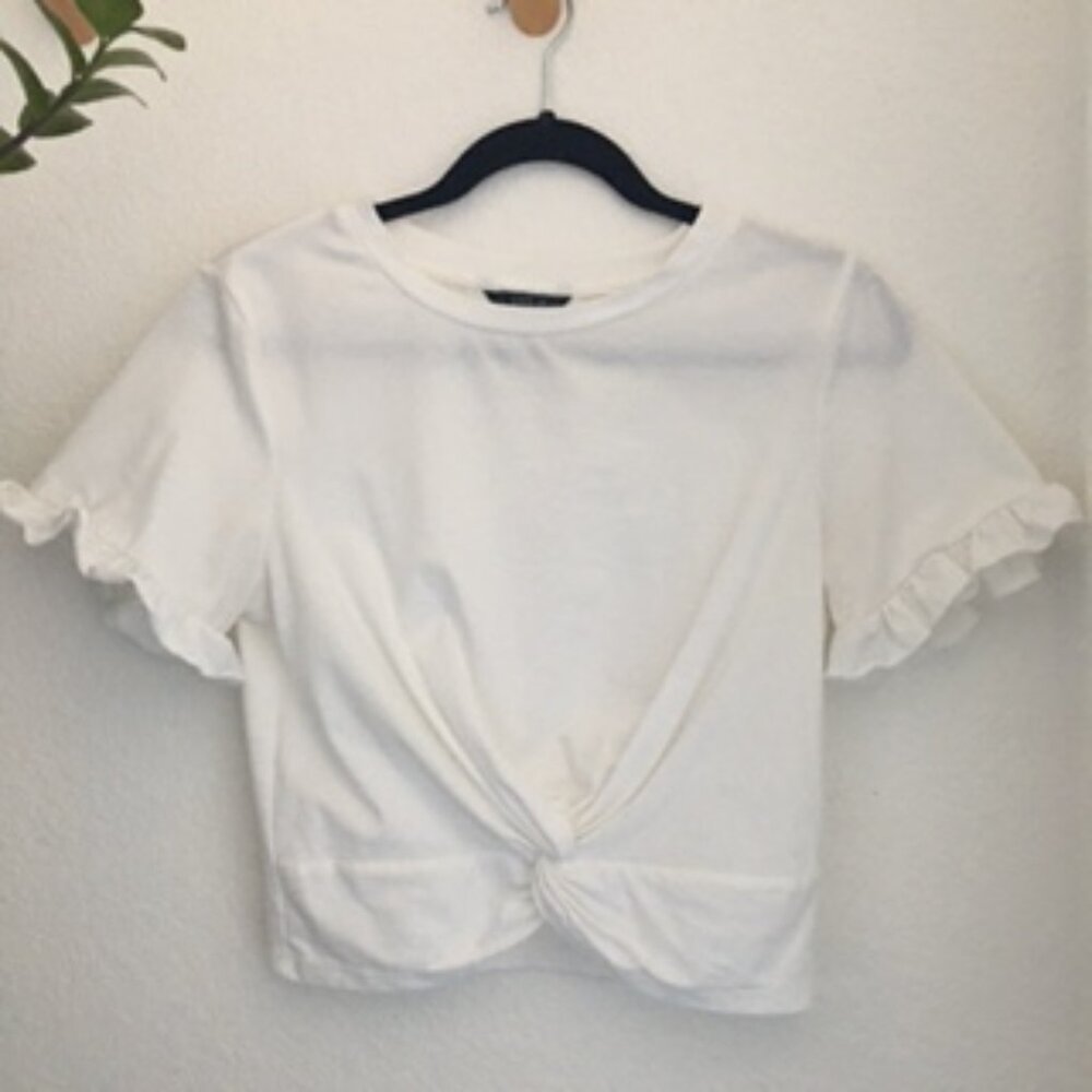 SHEIN White Ruffle Polyester Spandex Midi-Crop T-Shirt US Small Women's